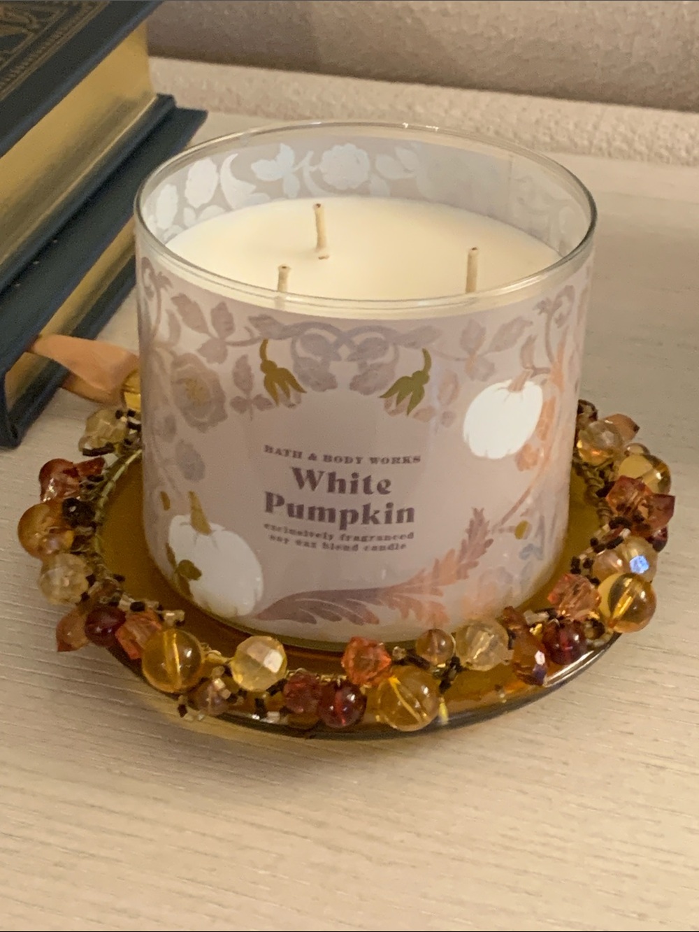 Amber Glass Beaded Candle Holder